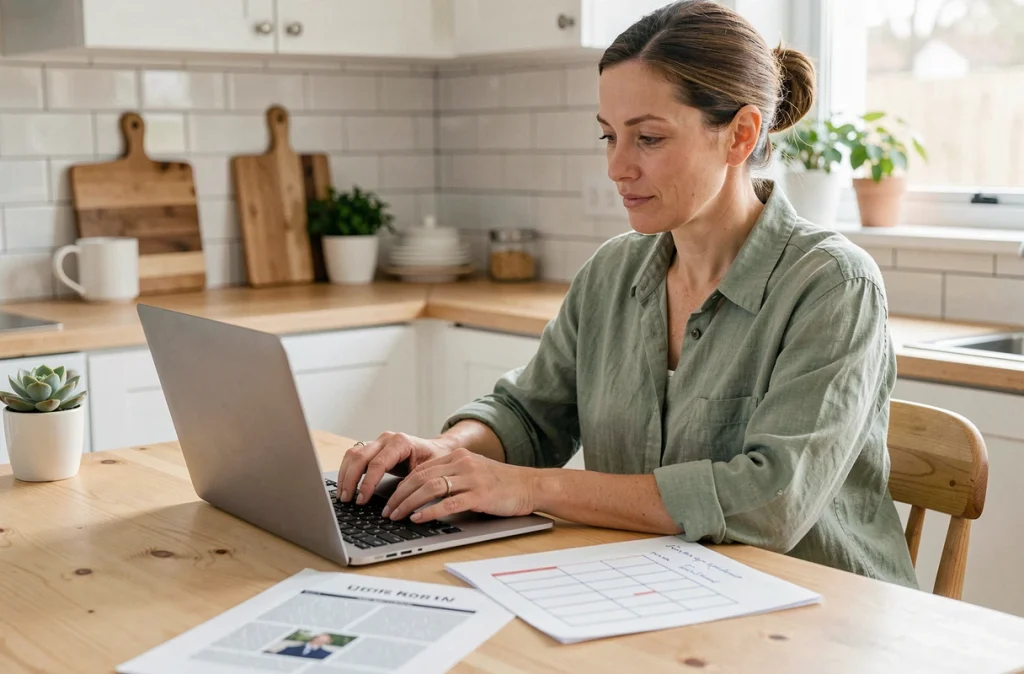 Femme travaillant depuis chez elle en comparant des méthodes de reformulation de texte pour éviter le plagiat