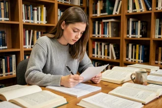 Jeune femme relisant un document imprimé dans une bibliothèque universitaire pour éviter le plagiat