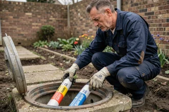 Plombier inspectant un regard de séparation eaux usées et eaux pluviales dans un jardin pavillonnaire en France