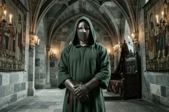 Homme masqué en armure médiévale et cape verte dans une salle du trône en pierre évoquant Victor von Doom, personnage de Marvel