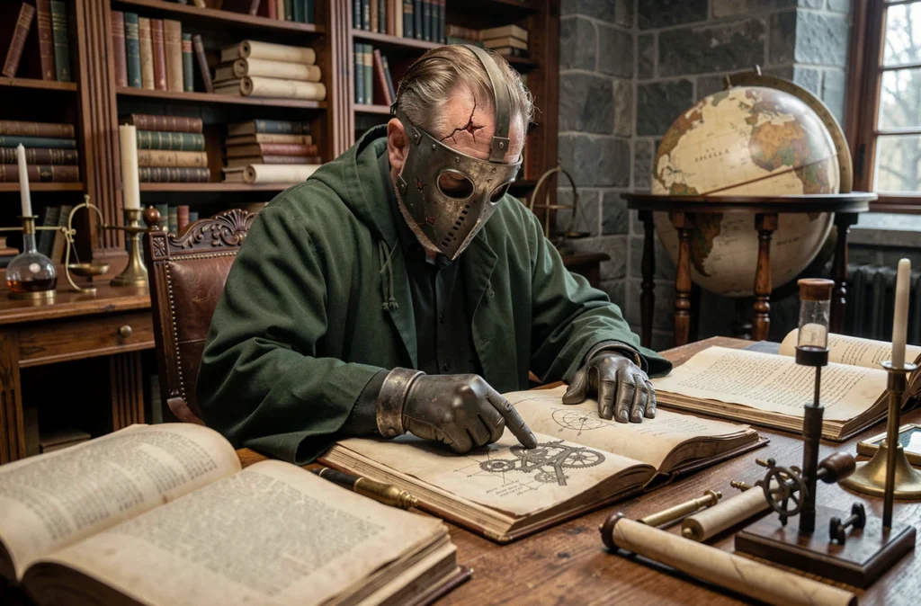 Personnage masqué en cape médiévale étudiant des manuscrits anciens dans une bibliothèque de pierre, symbolisant l'obsession de perfection de Doom