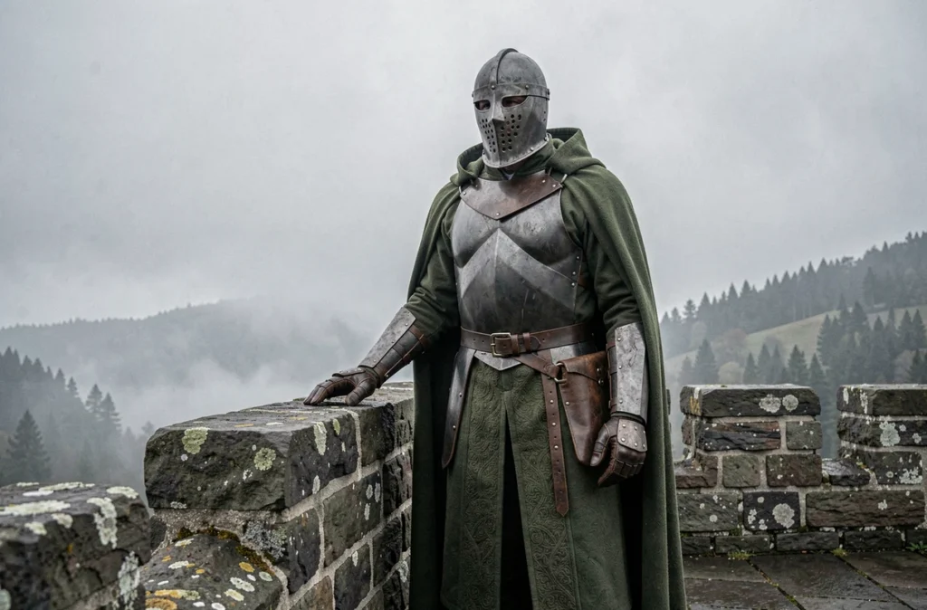 Silhouette imposante d'un homme masqué en armure sur les remparts d'un château médiéval dans les montagnes, illustrant le pouvoir dictatorial de Victor von Doom