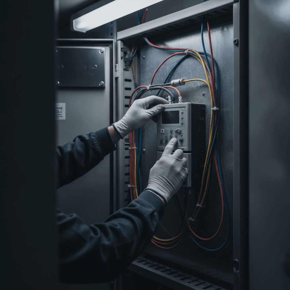 Technicien vérifiant un compteur divisionnaire dans une salle technique pour le suivi des indicateurs énergétiques