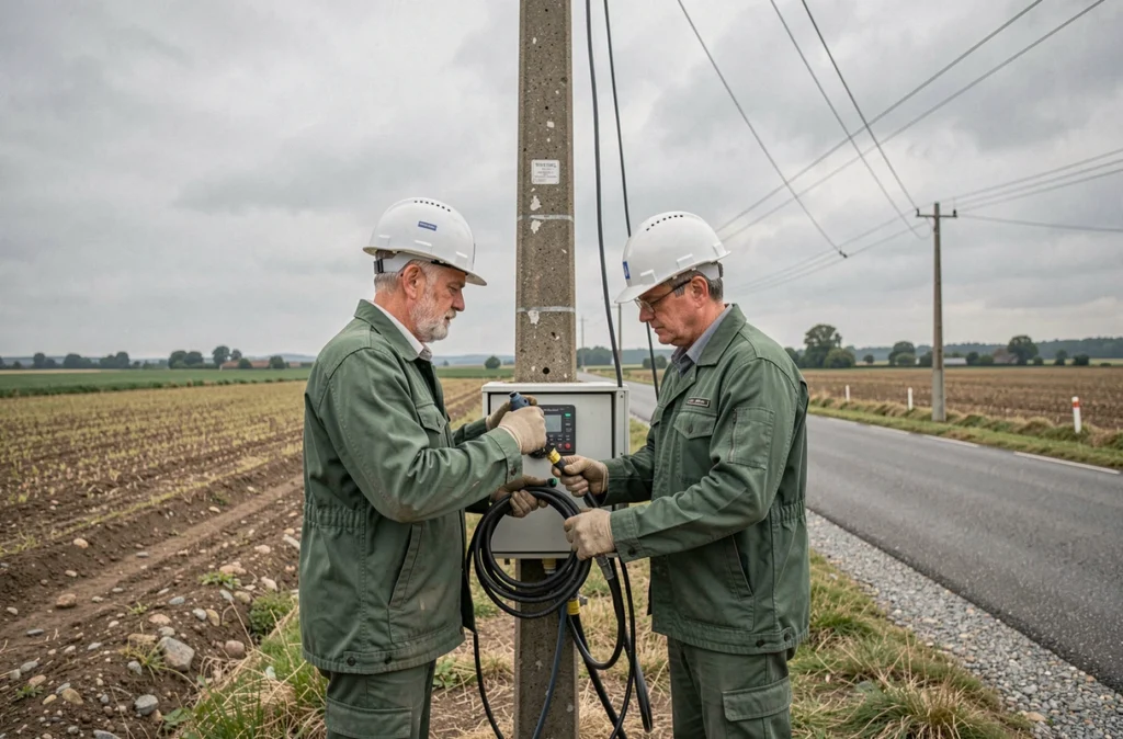 Techniciens 3R Réseaux travaillant sur un réseau électrique en zone rurale de Bourgogne-Franche-Comté