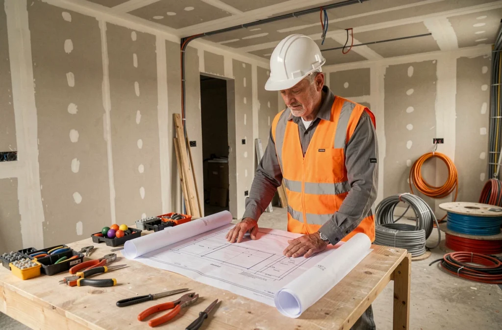 Électricien AB Elec consultant des plans lors d'un dépannage électrique professionnel sur chantier