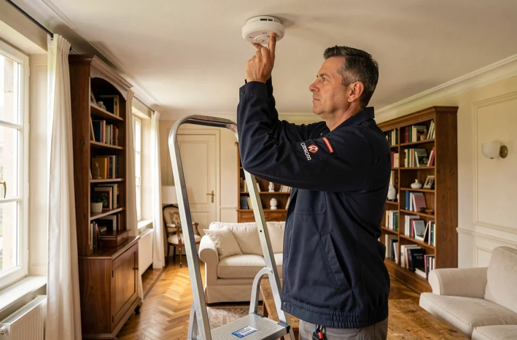 Électricien Arelco installant un détecteur de sécurité au plafond dans une maison en Bourgogne
