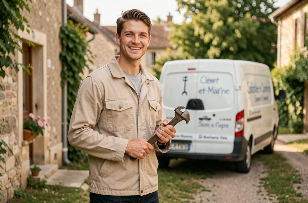 Artisan Clément jeune plombier indépendant devant une maison traditionnelle en Seine-et-Marne