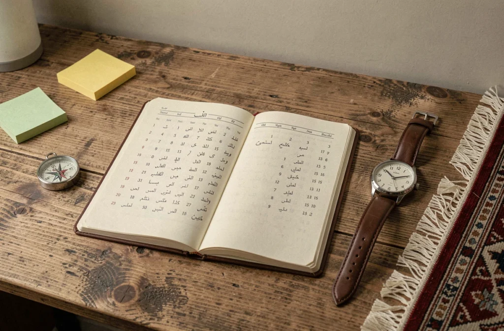 Carnet d'horaires de prière manuscrit posé sur un bureau en bois avec une montre, une boussole et un calendrier islamique