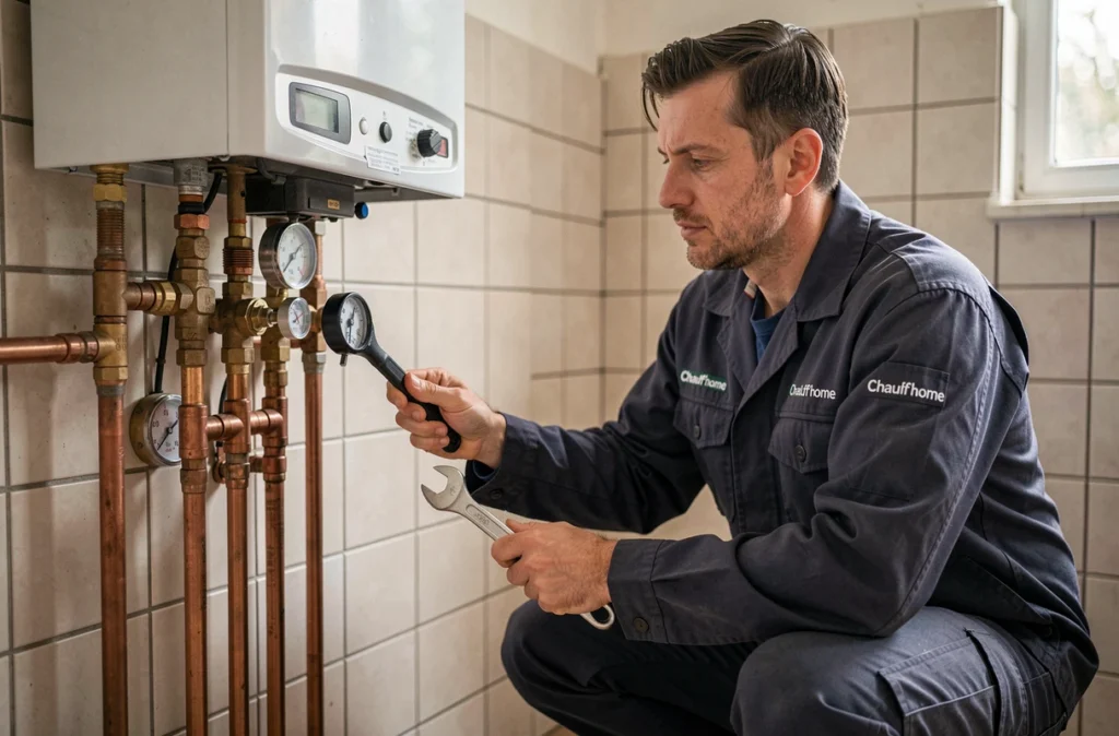 Technicien Chauff'home Services effectuant la maintenance d'une chaudière à gaz dans une maison de Seine-et-Marne