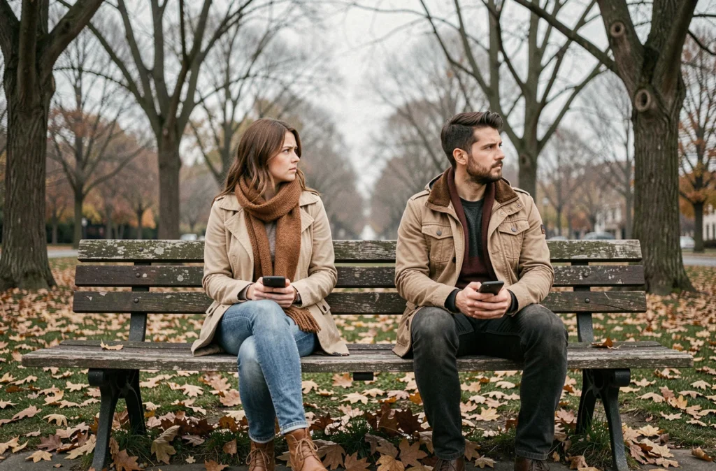 Couple assis séparément sur un banc de parc en automne après une dispute, distance émotionnelle visible entre eux