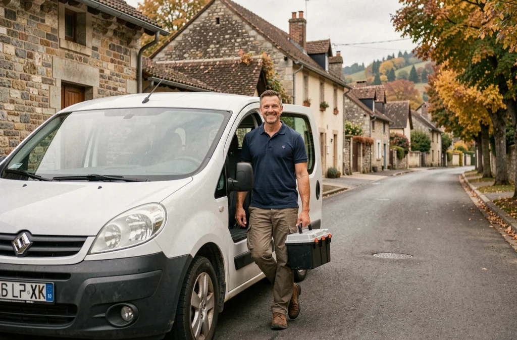 Électricien indépendant Dagouneau Sébastien arrivant en van sur une intervention en village de Bourgogne