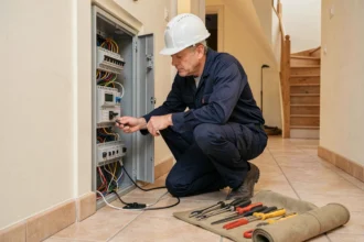 Électricien en intervention d'urgence devant un tableau électrique ouvert dans une maison en Bourgogne-Franche-Comté
