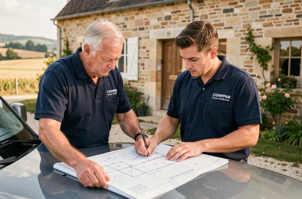Équipe de plombiers Picard et Fils étudiant un plan devant une ferme traditionnelle en Seine-et-Marne