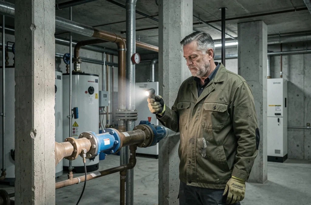 Plombier expérimenté Ets Latour inspectant une installation hydraulique dans un bâtiment commercial en Seine-et-Marne