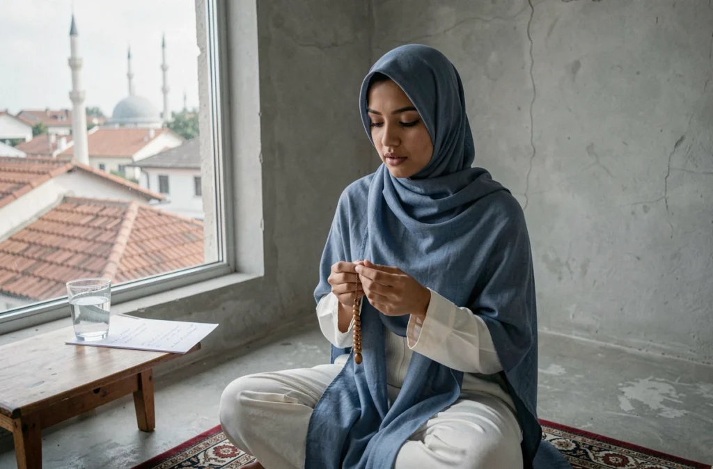 Jeune femme en hijab bleu tenant un tasbih en bois près d'une fenêtre avec vue sur des toits et un minaret