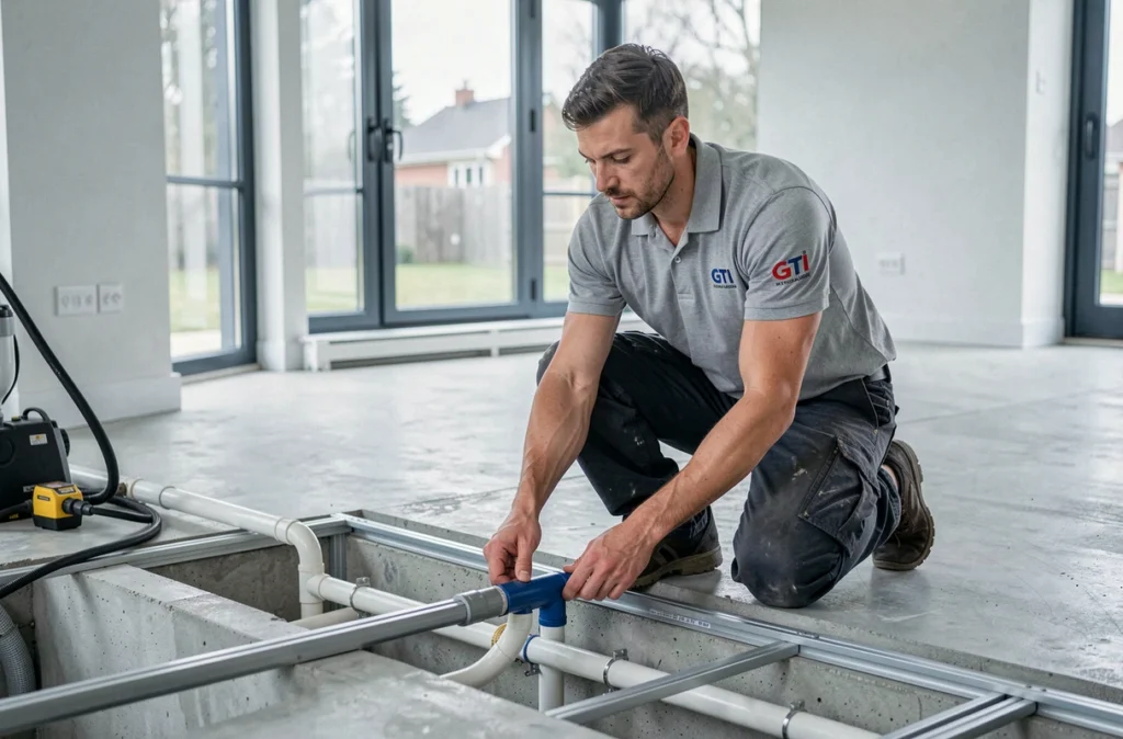 Technicien GTI PRO installant un système de chauffage au sol dans une maison moderne en Seine-et-Marne