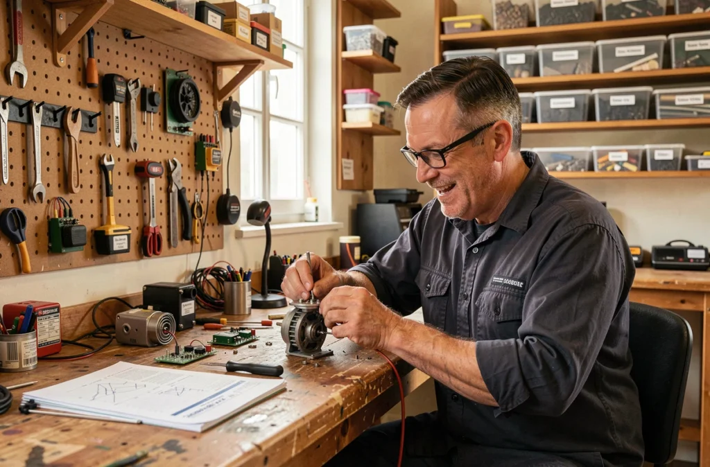Électricien HGE Electricité réparant un composant électrique dans un atelier de loisirs techniques