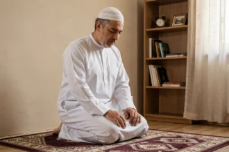 Homme en thobe blanc agenouillé sur un tapis de prière à motifs géométriques dans un salon calme et chaleureux