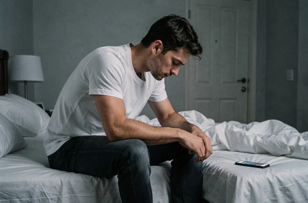 Homme seul assis sur son lit après une dispute, contemplant son téléphone posé à côté de lui avec un air mélancolique