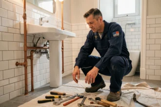 Plombier professionnel en Seine-et-Marne travaillant sur une installation de plomberie dans une salle de bain moderne