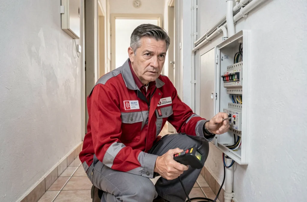 Électricien certifié RGElec intervenant rapidement sur une panne de fusibles dans une maison française