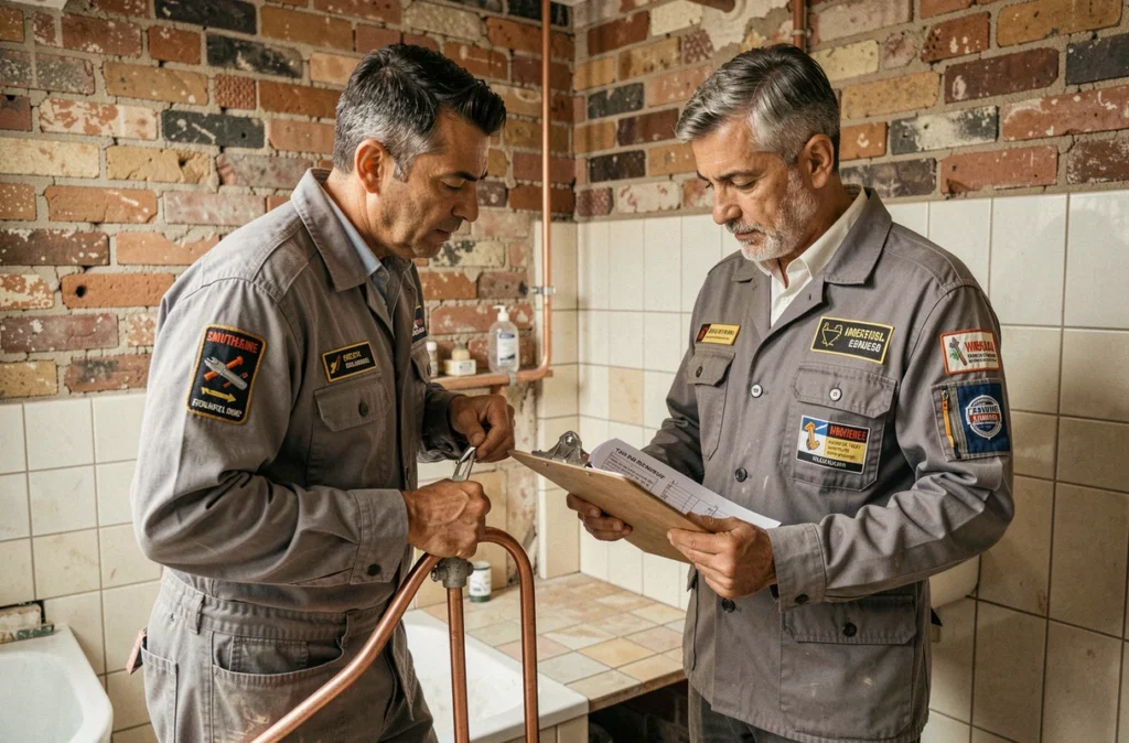 Deux plombiers artisans Silva et Soares collaborant sur une rénovation de salle de bain en Seine-et-Marne