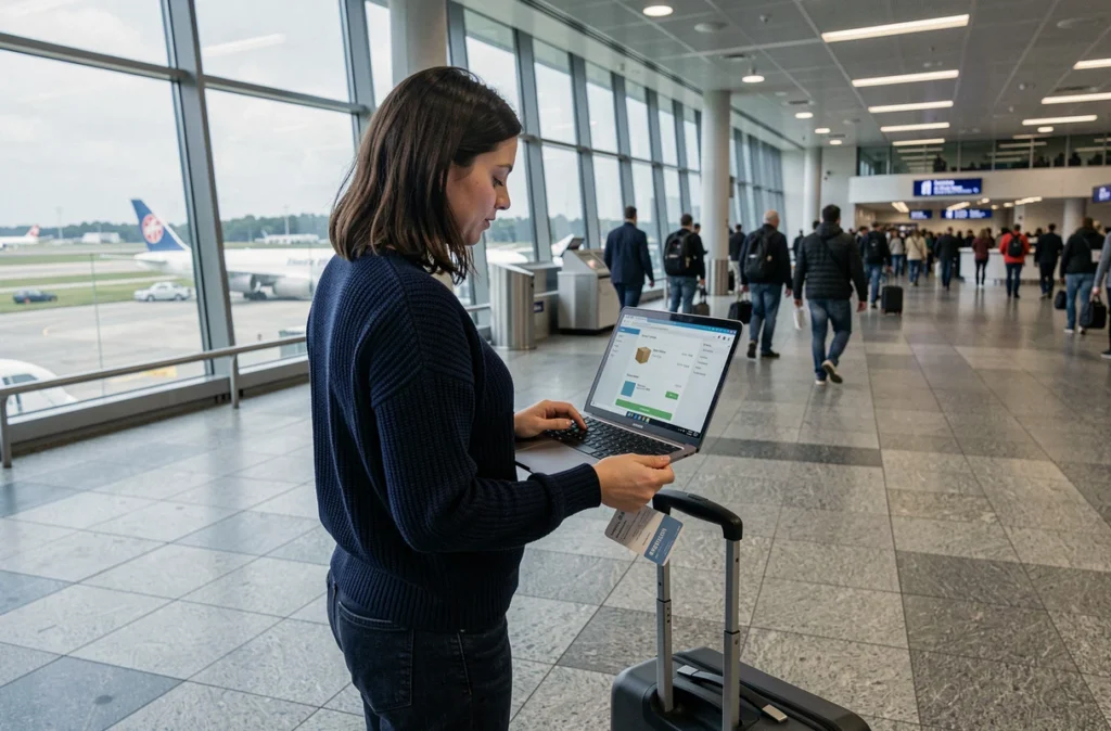Femme suivant l'acheminement d'un colis GLS depuis un terminal d'aéroport international avec un ordinateur portable