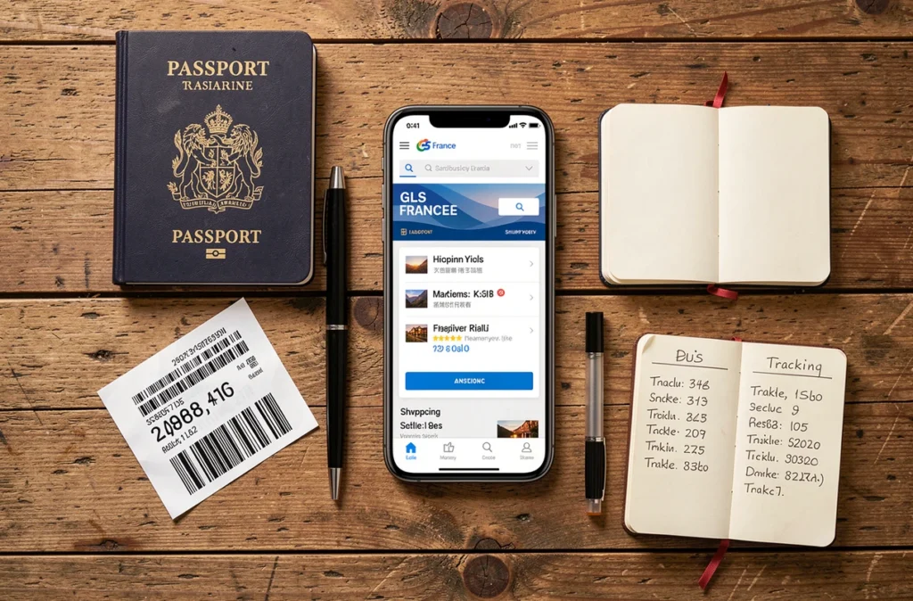 Vue aérienne d'un smartphone affichant le suivi GLS posé sur une table avec un passeport et une étiquette de colis