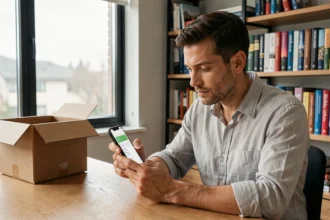 Homme consultant le suivi de colis GLS sur son smartphone depuis un bureau à domicile