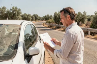 Conducteur français examinant un avis d'amende à côté d'une voiture de location blanche sur une route espagnole ensoleillée
