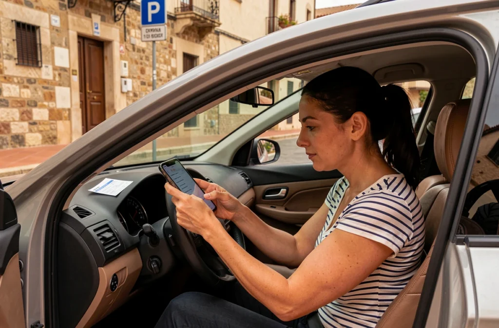 Femme prenant en photo une contravention de stationnement dans une voiture de location garée sur une place espagnole